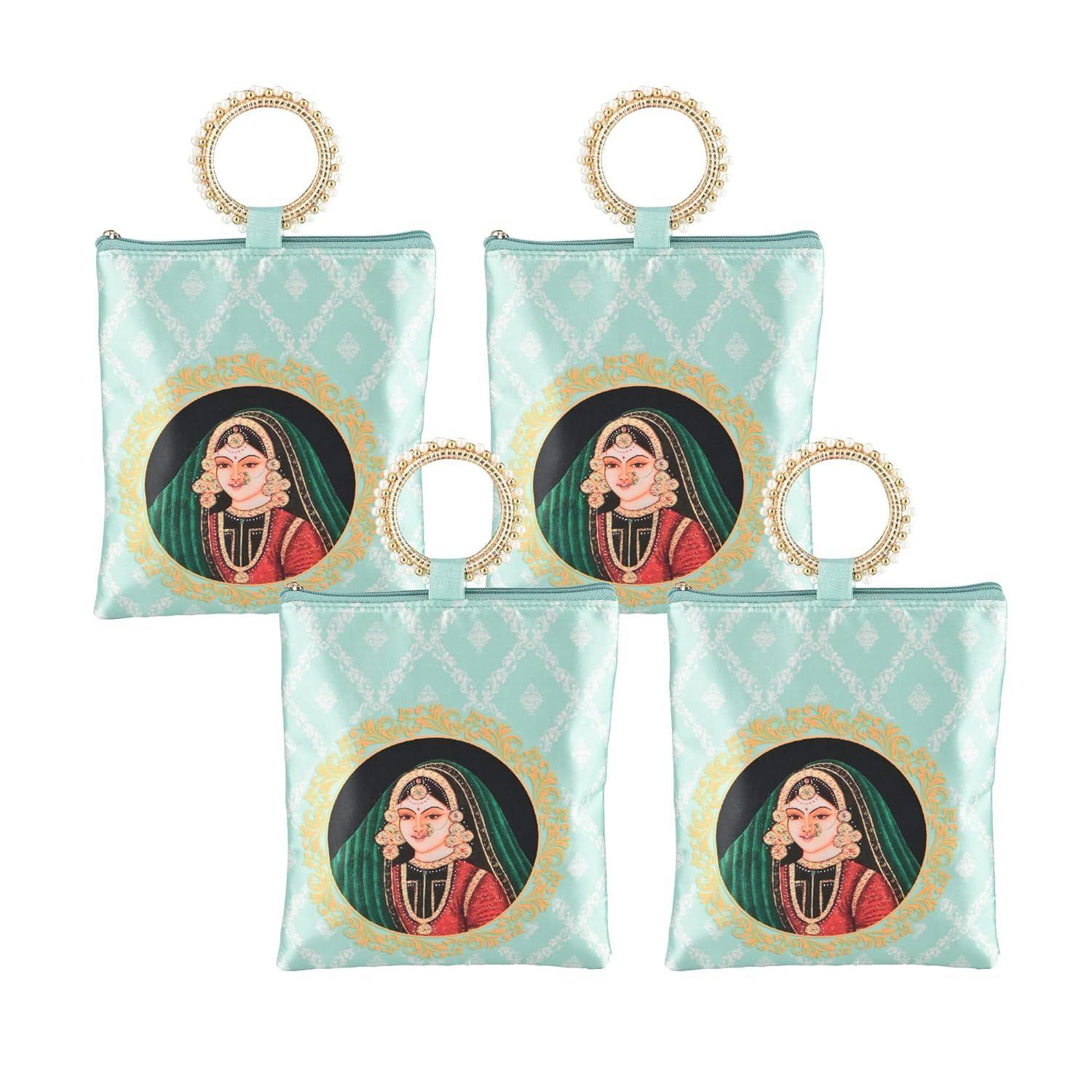

4 Pcs Silk Small Hand Bags for Women Stylish with Zip & Handle | Traditional Handheld Bags for Women | Ethnic Ladies Purse Handbag for Return Gifts