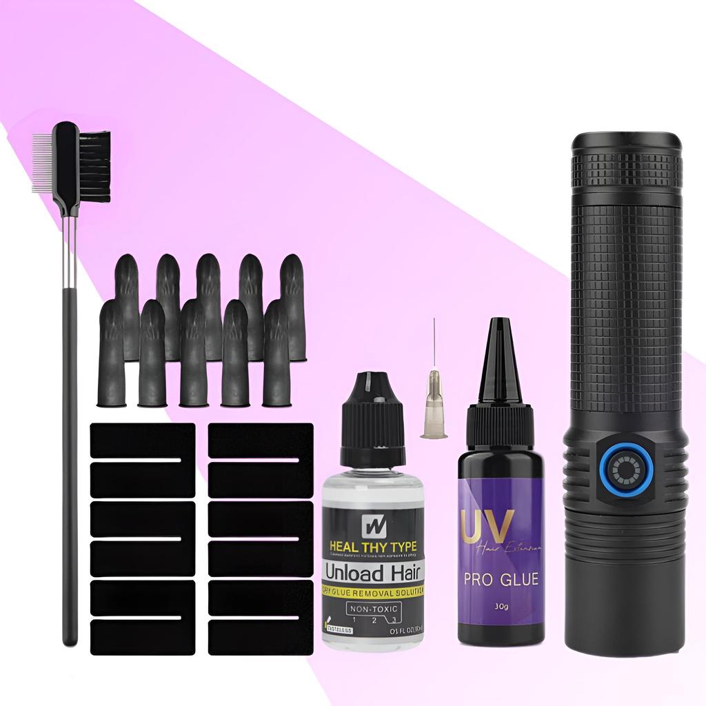 UV Glue Hair Extensions Big Power 20W UV LED Lamp Hair Extension System ToolKit Stronger UV LED 30g UV Glue with Hair Bonding Glue Remover