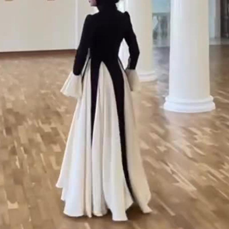 2025 Autumn Black and White Spliced Long Dress: Elegant, Sexy, and Dignified Women's Fashion for the Middle East