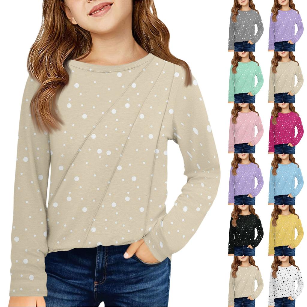 Girls' Long Sleeve Tee - Pleated Round Neck Casual Top