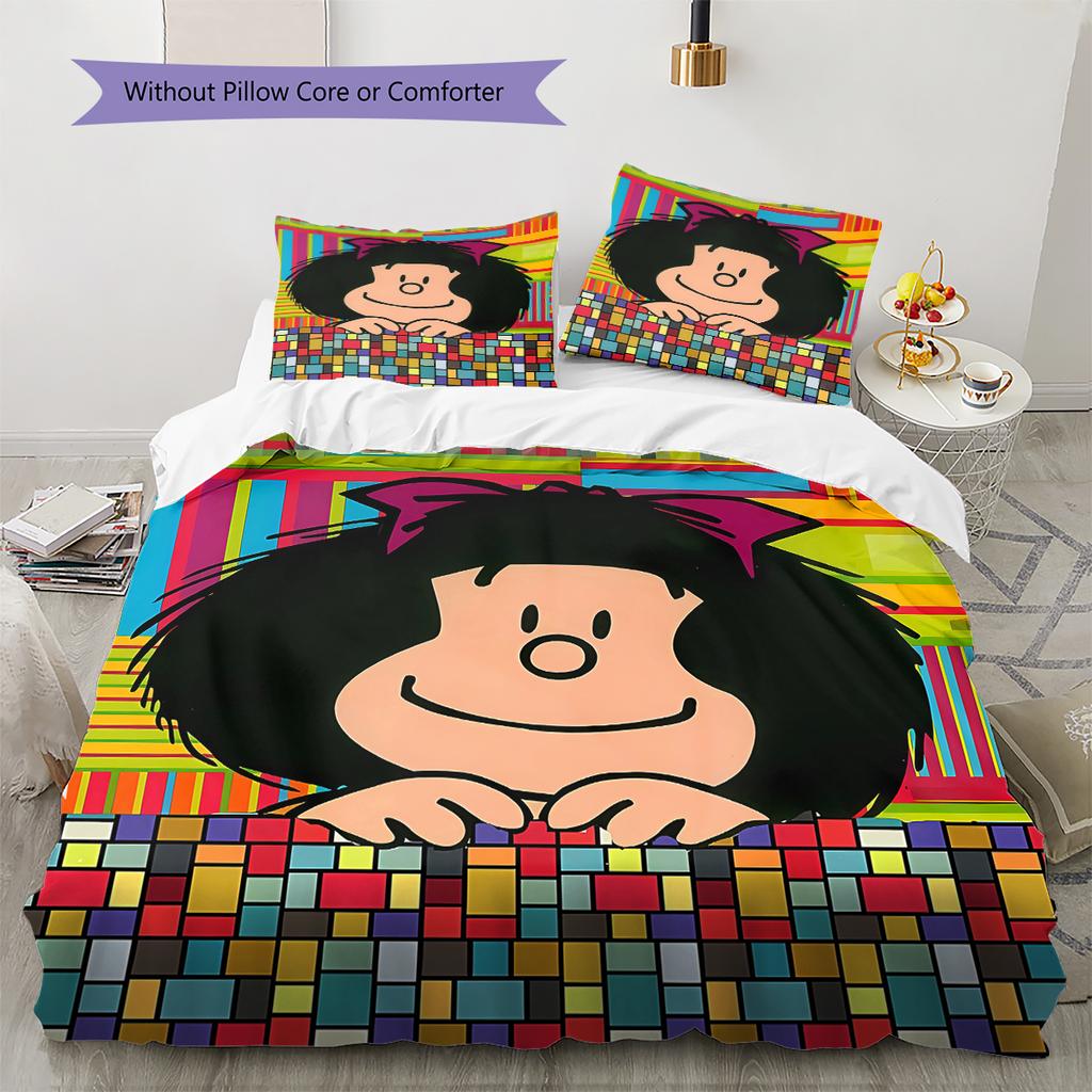 Pościel z wzorem Mafaldy, Zestaw kołdry Poszewka na kołdrę Poszewka na poduszkę Domowy prezent urodzinowy (1 * poszwa na kołdrę + 2 * poszewki na poduszki, bez rdzenia)