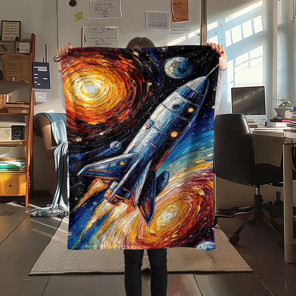 1Pc Space Rocket Print Flannel Blanket, High quality Comfortable for All Seasons, Home Decor, Warmth and Comfort, Perfect for Christmas Gifts