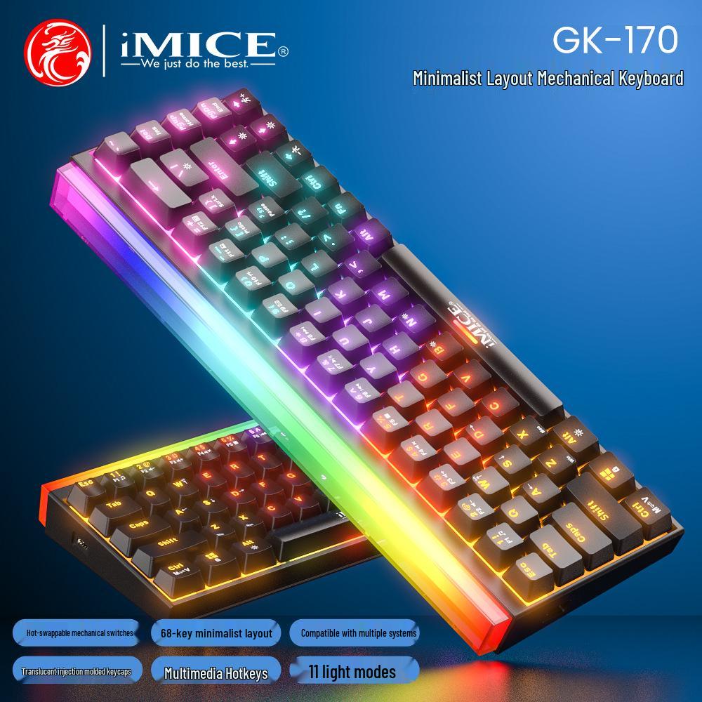 IMICE GK-170 Mechanische Tastatur: 68 Tasten, 60% Layout, Kabelgebunden, Hot-Swap-fähig mit roten Schaltern und farbiger Hintergrundbeleuchtung.