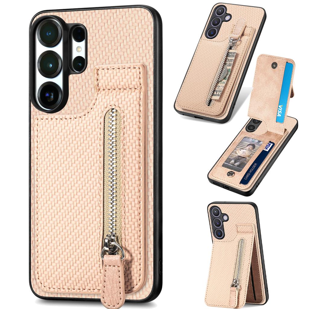 Zipper Magnetic Carbon Fibrer Cards Solt Wallet Phone Case For Samsung S25 Ultra S24 Plus S23 A17 A07 Kickstand Flip Cover