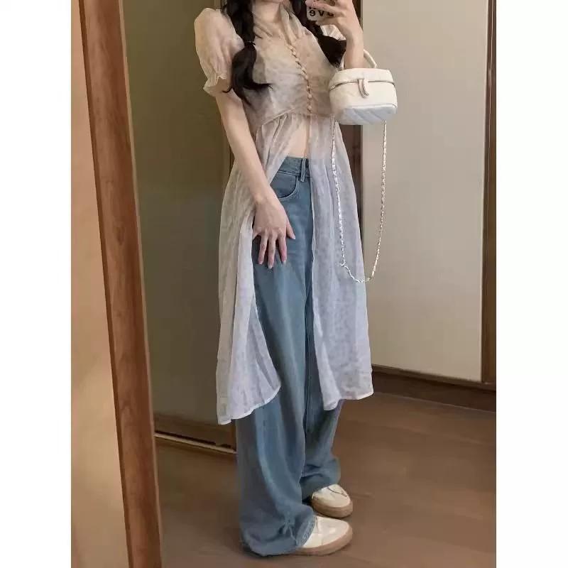 Summer Vintage Long Shirts Women Gentle Printed Thin Leisure Sweet Halter Puff Sleeve Aesthetic Breathable