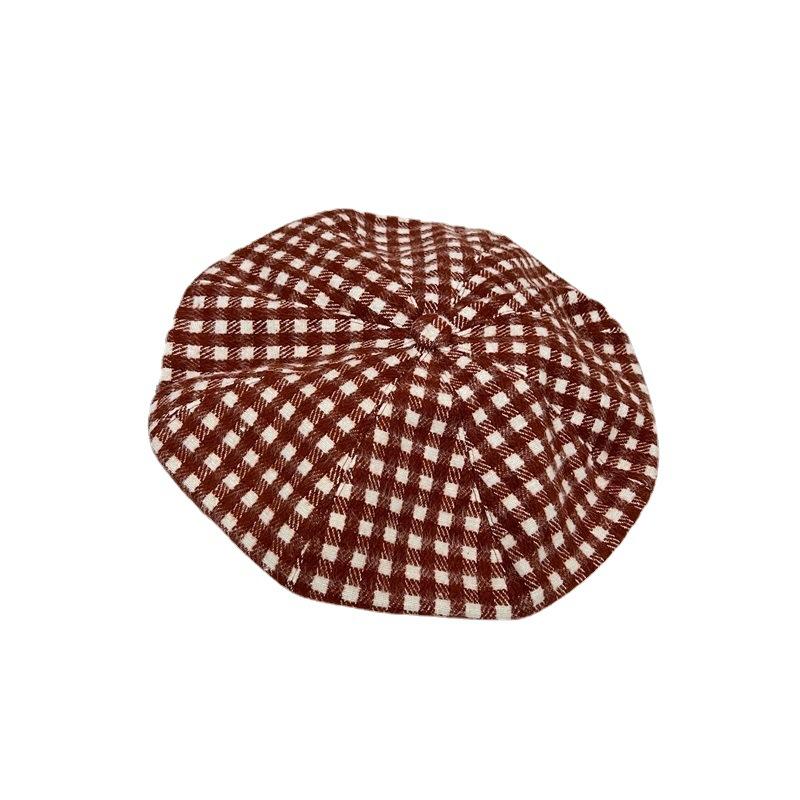 Pastoral Fine Checkerboard Woolen Octagonal Hat Lady Autumn and Winter Face Small Clouds Beret Painter Hat