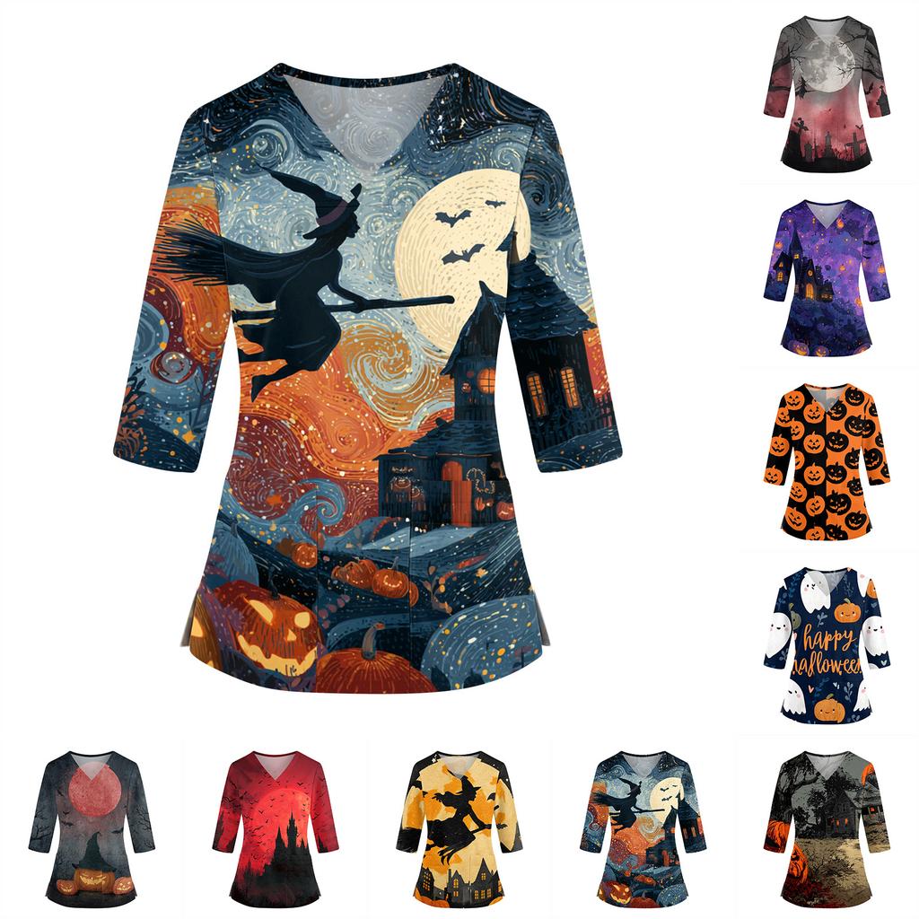 Top da Donna con Stampa di Halloween Scollo a V Manica a Tre Quarti con Tasche Spacchi Laterali Camicia da Costume