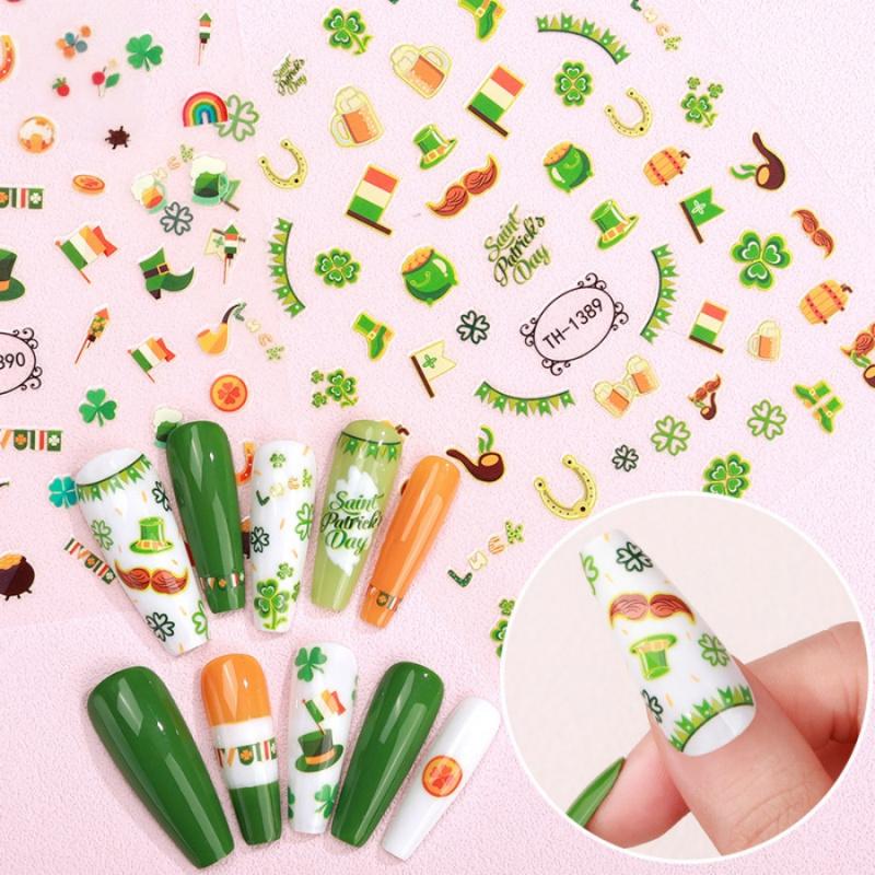 1Pcst. Patrick'S Day Nail Art Stickersdiynail Stickers Lucky Clover Four-Leaf Clover Irish Festival Nail Decoration Stickers