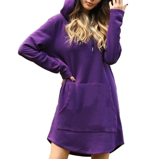 Casual Women Autumn Winter Long Sleeve Pocket Drawstring Loose Hoodie Mini Dress