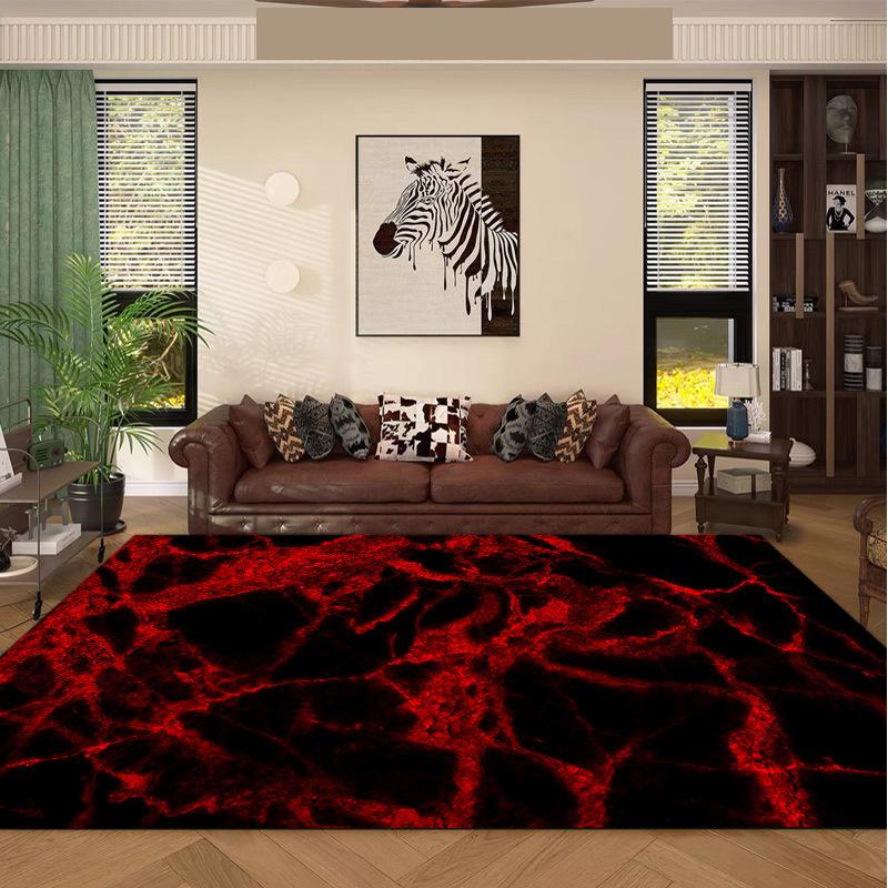 1pc Luxurious Machine Area Rug Fiber Dotted Backing Use Home Carpet Living Room Bedroom Dining Black Red Marble Texture Decor