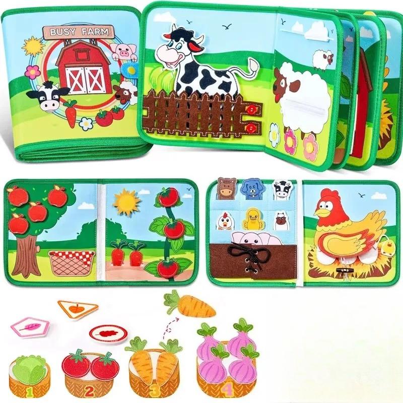 Montessori Farm Animal Quiet Book for Toddlers Early Learning Fine Motor Skills Activity Felt Story Cloth Preschool Toy for Kids
