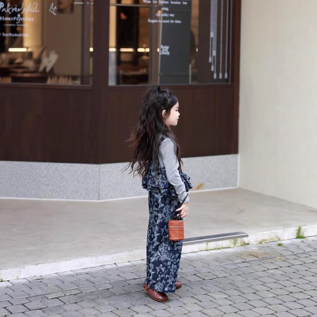 Libala Kids Girls' Autumn Floral Denim Camisole Top & Wide-Leg Pants Set