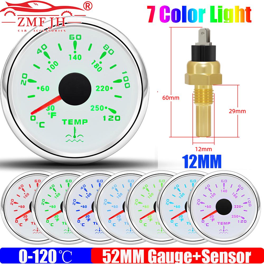 0~120℃,30~250℉ 52MM Water Temperature Gauge+Water Temp Sensor 10.2MM,12MM,16MM,17MM,21MM 7 Color Light for Boat Yacht Car 12V24V