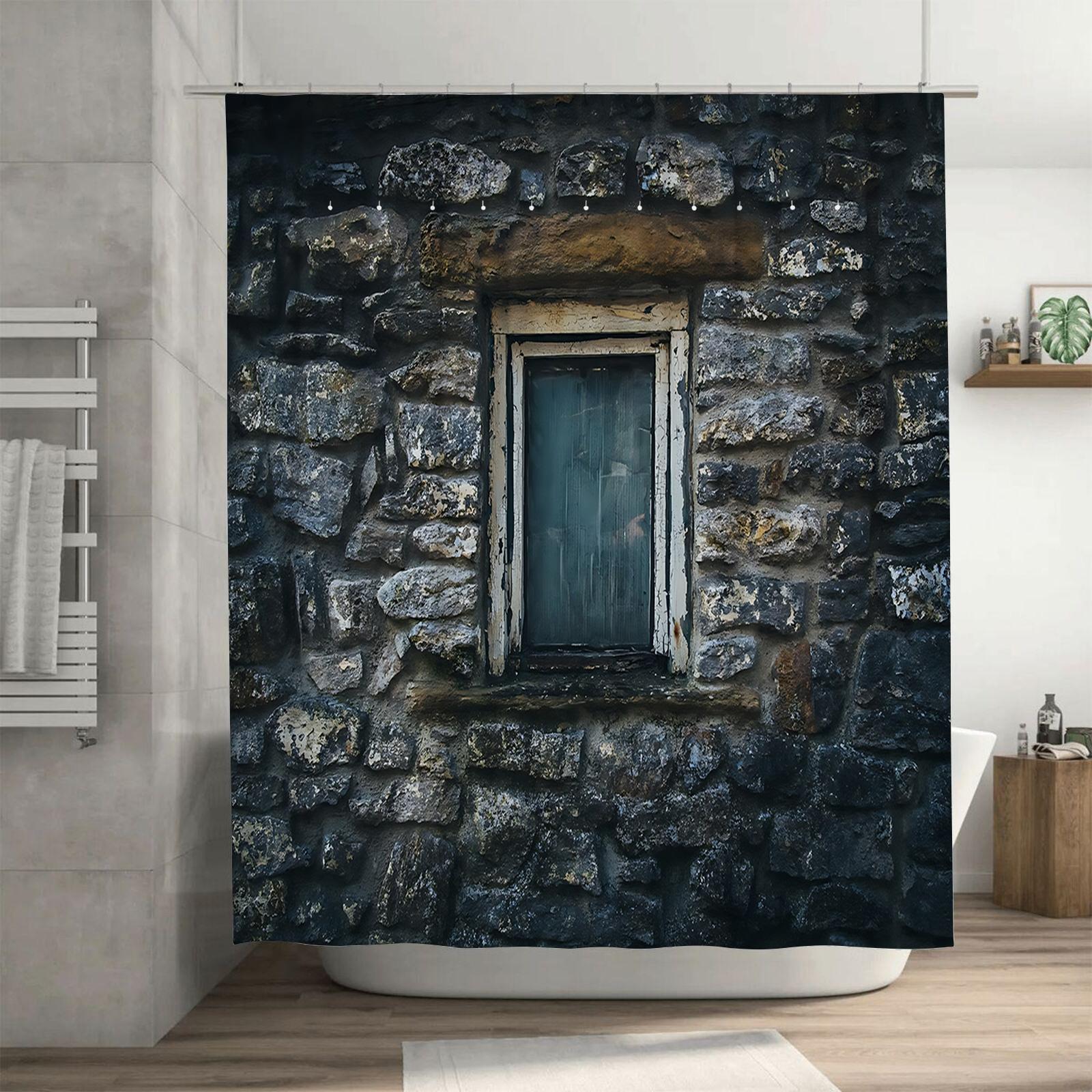 Dunika Chen Rustic Stone Wall Window Shower Curtain Vintage Design Waterproof Fabric With Hooks For Modern Bathroom Decor Rustproof Hooks