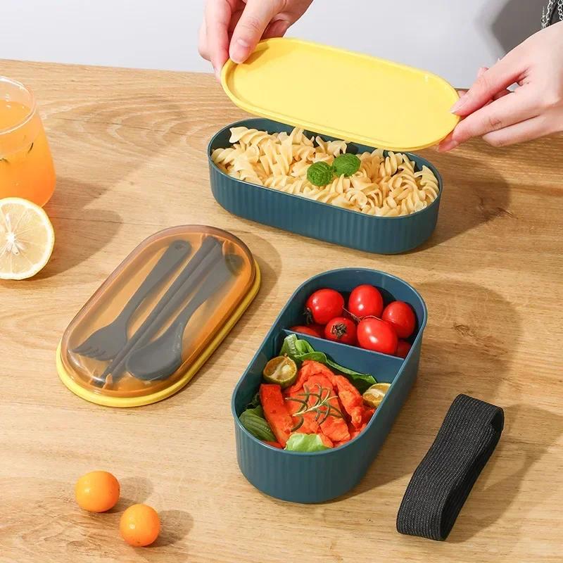 Doppelschichtige tragbare Lunchbox mit Gabel und Löffel, Mikrowellen-Bento-Boxen, Geschirrset, Vorratsbehälter für Lebensmittel