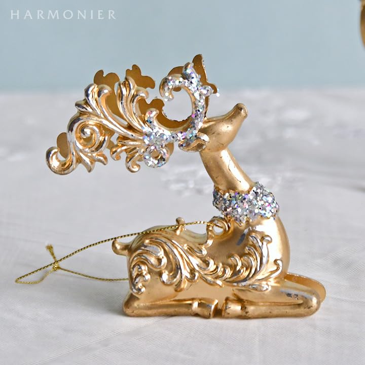 Golden Deer Ornaments Set of 2 Christmas Tree Decorations Reindeer Gold Stylish Cute Sparkly
