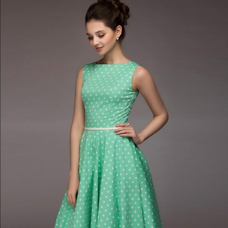 

Летние женские винтажные длинные платья без рукавов в горошек с подолом S зелёный