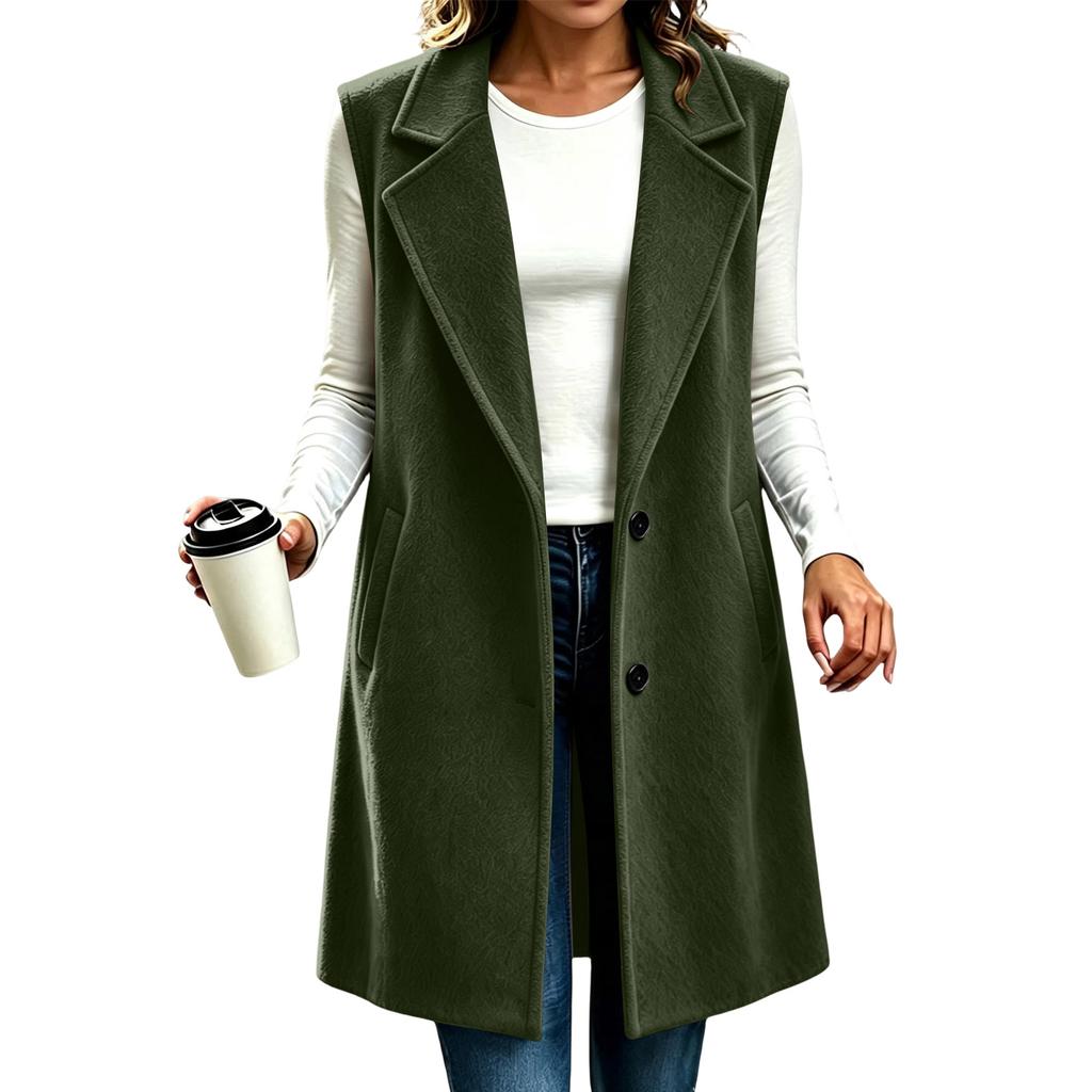 Women's Long Wool Lapel Collar Button Front Vest with Pockets