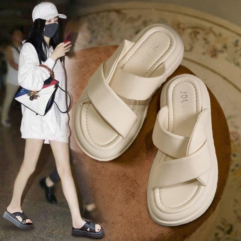 Popular Internet Celebrity Slippers Female Summer Fairy Wind 2025 New Thick Sole Heightening Soft Leather Comfortable One Pedal Beach Shoes