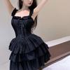 QWEEK Gothic Hrajuku Goth Lolita Kawaii Cute Black Ruffles Dress Soft Girl Y2k 2026 Fashion Cake Party Short Dresses