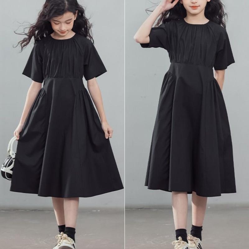 Girls' Fashion Short-Sleeve Shirt Dress Summer Children's Elegant Waist-Cinched Dress