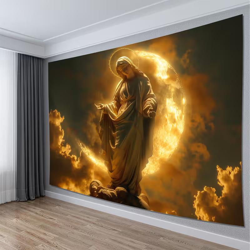 2D Blessed Mother Mary Tapestry Religious Statue with Golden Light and Moon Wall Decor Cloth for Home & Bedroom