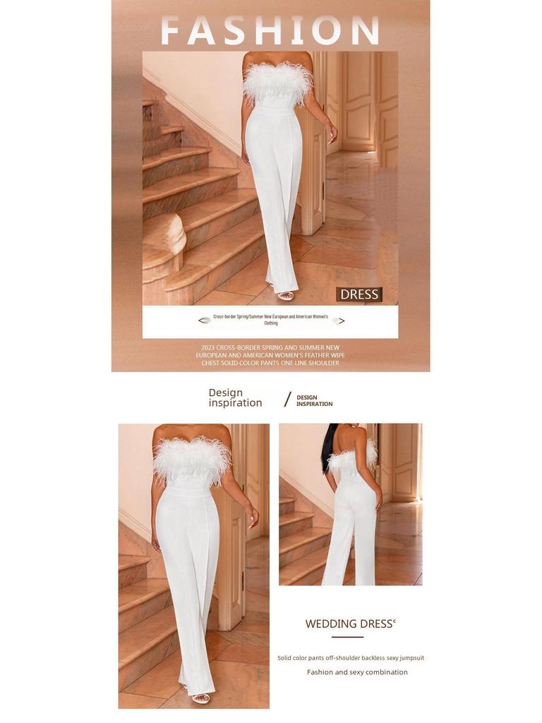 2025 Spring/Summer European & American Women's Feather Bandeau One-Shoulder Backless Jumpsuit