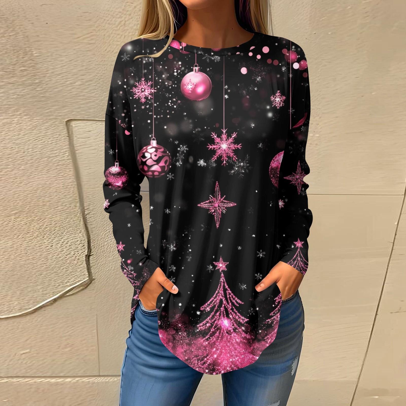 

Футболки для женщин, осенние повседневные рубашки с длинным рукавом, толстовки с винтажным графическим принтом, топы, пуловеры, рождественские S