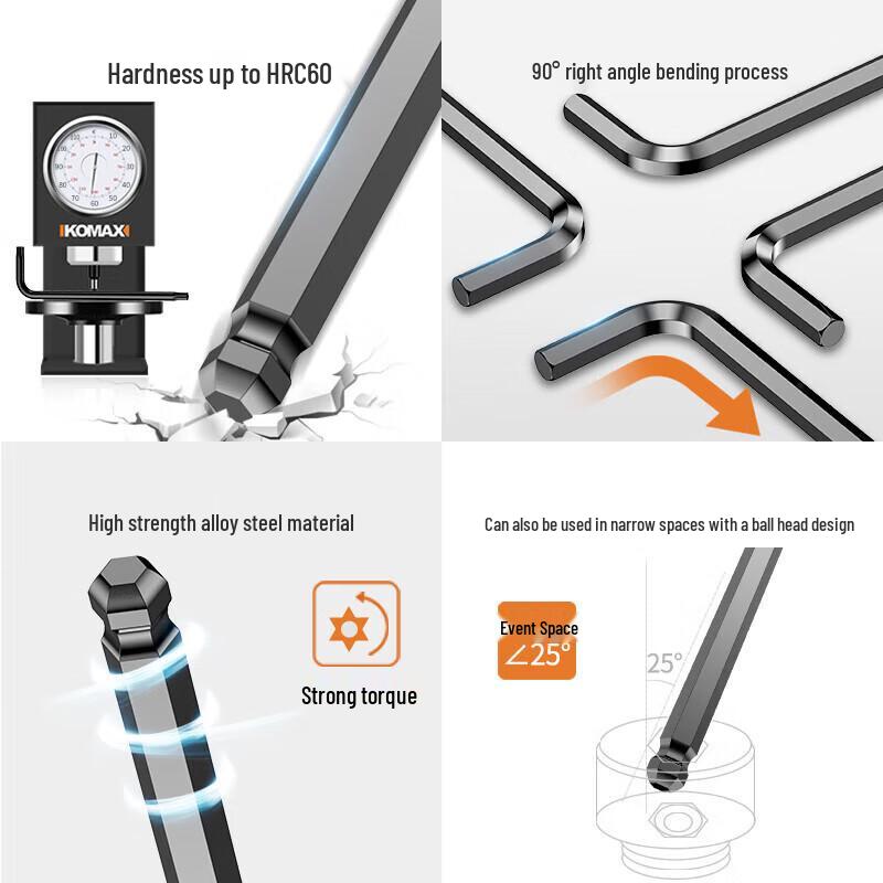9-Piece Black Ball Head Hex Key Set - Strong Torque Hexagonal Wrench for 6-Sided Screws.