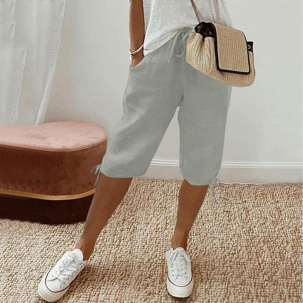 Women's Casual Pockets Elastic Drawstring Casual Pants Leg Drawstring Five Pants Pant