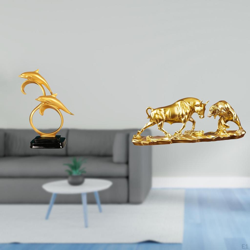 Modern Lifelike Dolphin Bull Figurine Collectible Home Desk Decoration Feng Shui Bear Cow Cattle