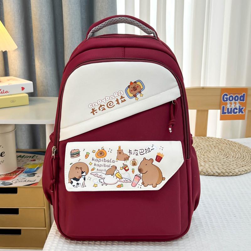 Capybara Cartoon Pattern Nylon Backpack With Striped Stitching For Travel School