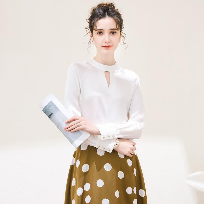 TUHUANG Women s 100% Mulberry Silk Hollow-out Stand Collar Blouse L
