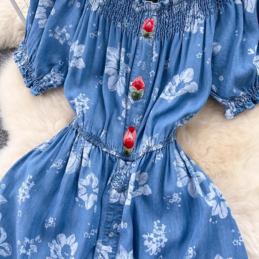 New Elegant Women Square Collar Embroidery Flowers Denim Dress Vintage Summer Single Breasted Printing Soft Long Dresses