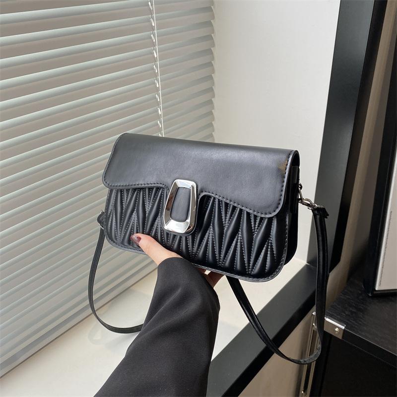 Embroidered Thread Pleated Popular Temperament Women's Bag In Summer New Fashion Simple and Generous Button One Shoulder Crossbody Small Square Bag