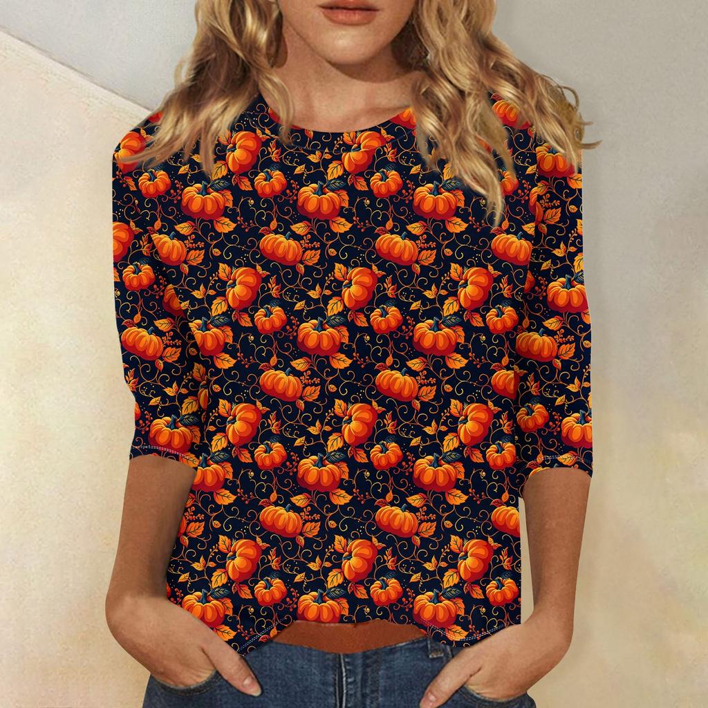 Women's Fashion Casual Round Neck 3/4 Sleeve Loose  Printed T-Shirt Ladies Top