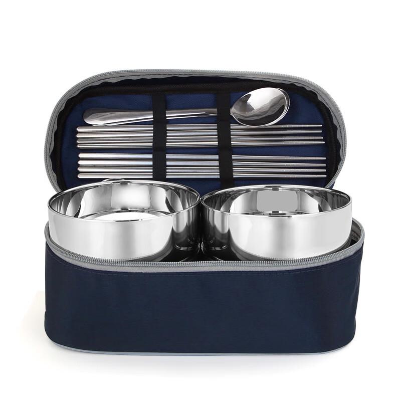 Tragbares Edelstahl-Schüssel- und Löffel-Set mit blauem Beutel