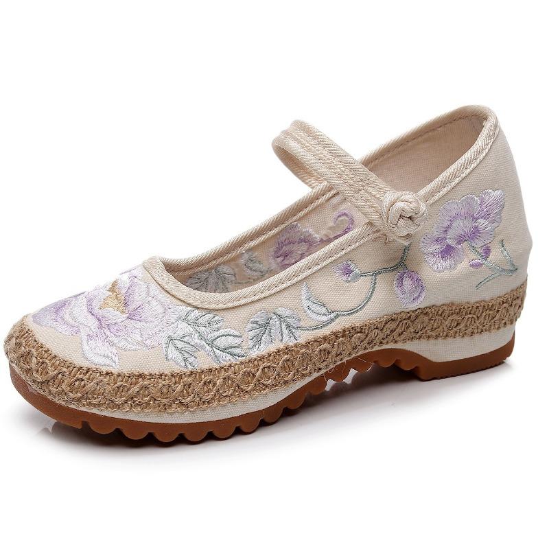 Women's Shoes with Linen Edging and Antique Embroidered Shoes and Cloth Shoe with Round Head In Spring and Autumn Female