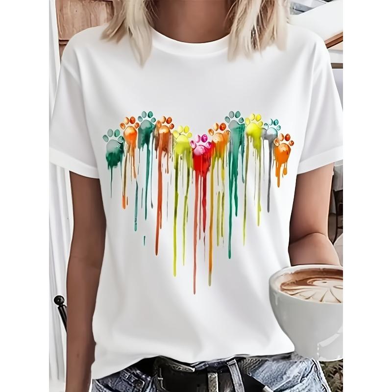 European Sizes Women's White Oversized T-Shirt with Multicolor Dripping Stripe Print - Short Sleeve Round Neck Casual Summer Top