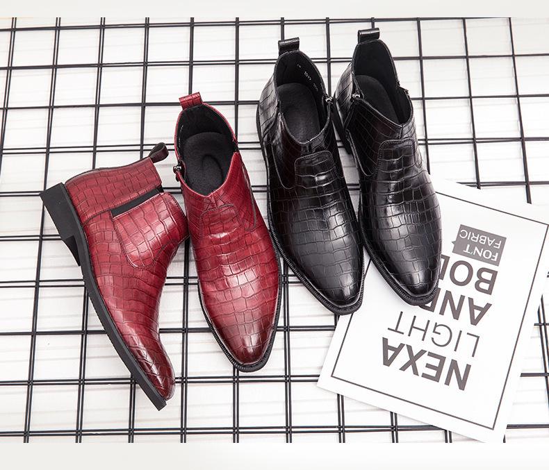 Plus Size Men's High Top Leather Chelsea Boots with Zipper and Brogue Design, Pointed Toe Martin Style.
