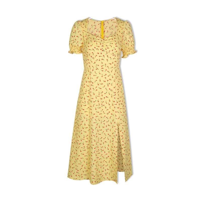 

French Square Neck ShortSleeved PuffSleeved Dress Tight Wa Yellow L