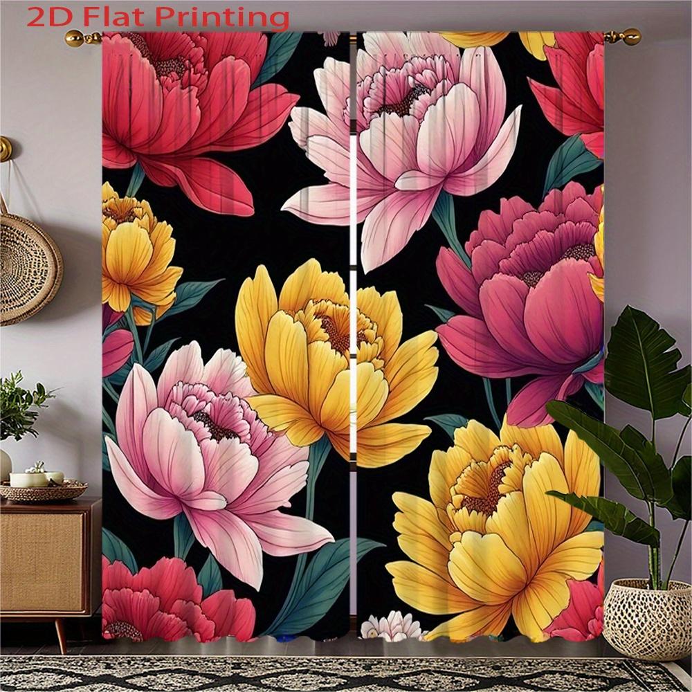 2D Flat, 2pcs Elegant Floral Curtains - Black Background with Pink, Yellow, White Peonies - Light Blocking Window Drapes - Machi