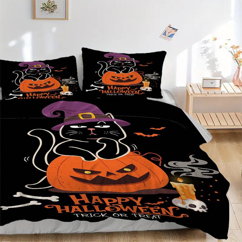 3pcs Trick or Treat Cat & Pumpkin Halloween Bedding Set - Includes Quilt Cover and Pillowcases, Suitable for All Seasons, Machine Washable -