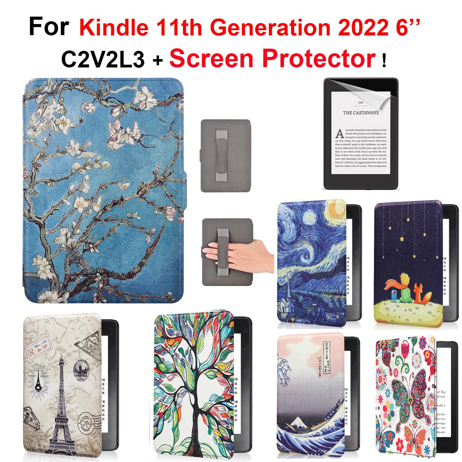

Leather Case for Kindle 11th Generation 2022 6 Inch C2V2L3 + Screen Protector Hand Strap Funda Ebook Auto Wake Sleep Smart Cover Kindle 11th C2V2L3