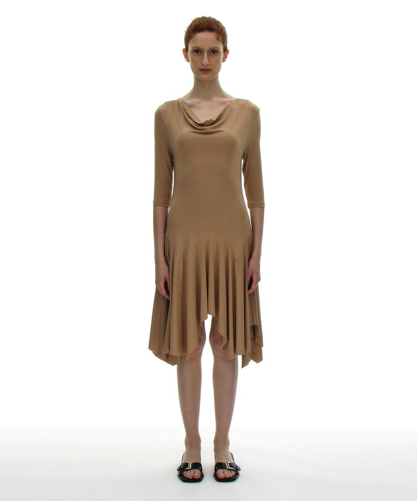 Partimento Woman Cowl Neck Asymmetrical Jersey Dress_Beige
