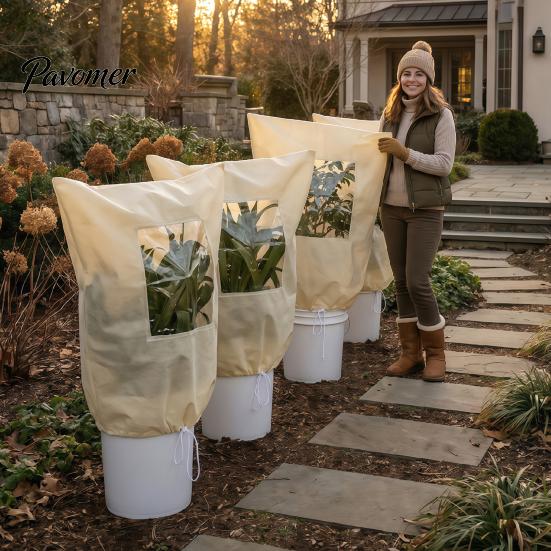Winter Garden Plant Shield Cover, Drawstring Freeze Protection Bag with Window, Non-woven Outdoor Fruit Tree Fabric Frost Blanket for Potted