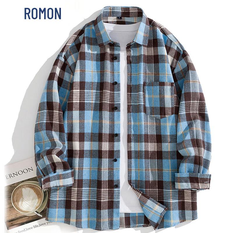 ROMON Men s Japanese Retro Long Sleeve Plaid Casual Shirt 2XL