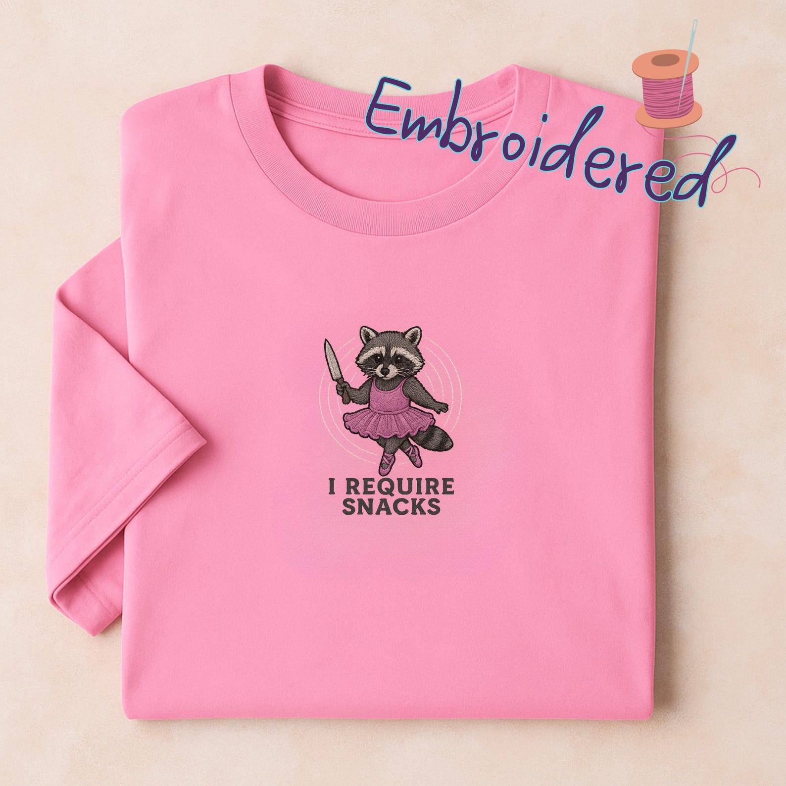 Embroidered Raccoon Shirt, I Require Snacks, Goblincore Tee S