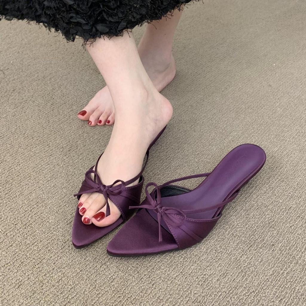 2025 Summer New Satin Pointed Head Fish Mouth High Heels Thin Heel Sexy Word Outside Wear Cool Slippers Half Drag
