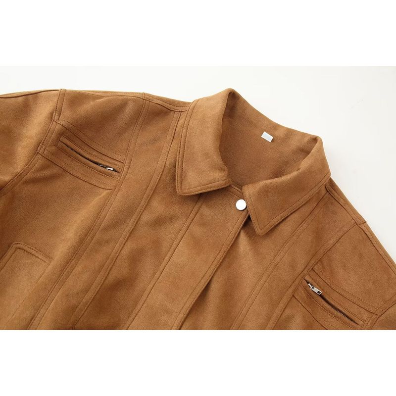 Kaslead New Women Clothes Western Style Versitile Fashion Three-Color Suede Short Cargo Outerwear